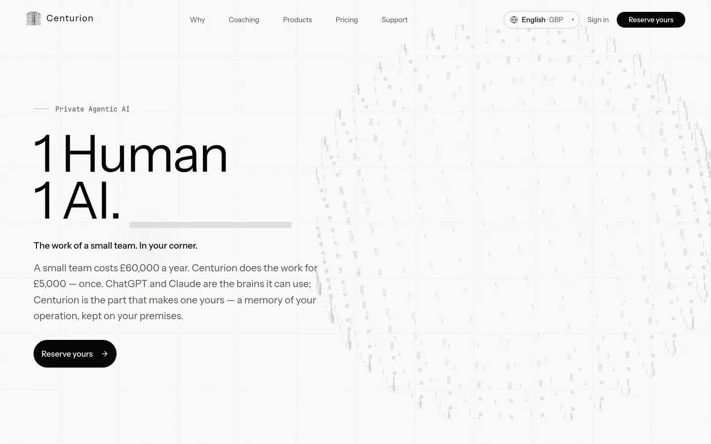 The Centurion homepage — one human, one AI, and the private AI platform it describes.